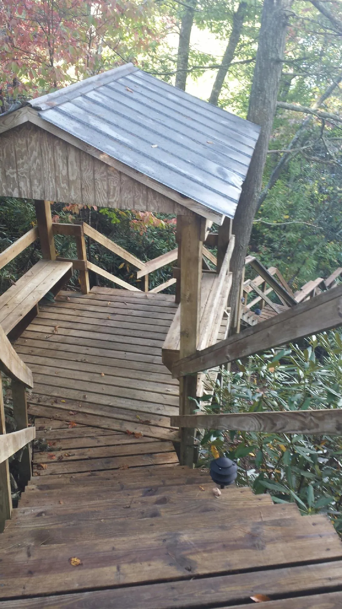 Metal roofed shelter over wooden steps on a wooded walkway — Skylight Repair & Installation work by our crew in Fruita